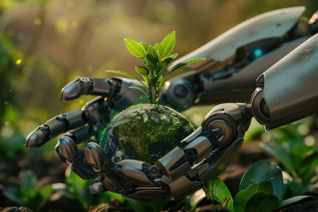 A Robot hands cradling Earth with green sprouts, nurturing nature, soft focus, warm lighting.の素材