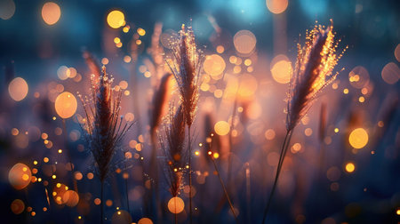 A Mystical wild grasses aglow with golden bokeh lights, deep focus, twilight enchantment.の素材