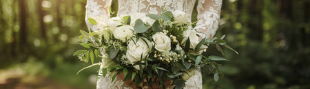 A Close-up of a bride in a delicate lace dress holding a beautiful and lush wedding bouquet of white flowers and greenery.の素材