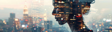 An artistic double exposure portrait blending a thoughtful woman's profile with the dense urban skyline of a city.の素材