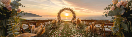 An enchanting outdoor wedding aisle, adorned with a beautiful floral arch, is set against the warm glow of a sunset.の素材
