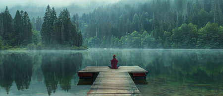 A person in a meditative pose on a wooden dock by a tranquil lake, surrounded by a forest in the serenity of nature.の素材