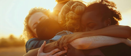A heartwarming group hug among diverse friends, captured in the warm and soft light of the sunset, symbolizing friendship and unity.の素材