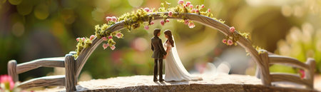 A Miniature wedding figurines of a bride and groom stand under a floral arch on a charming little bridge, a whimsical representation of a wedding day.の素材
