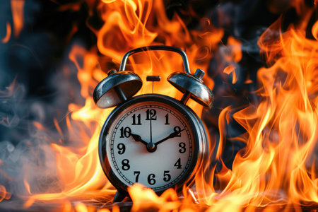 A Conceptual image of an alarm clock engulfed in flames, symbolizing urgency and time pressure.の素材