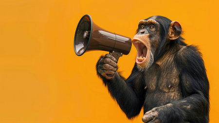 A A chimpanzee with an open mouth holding a megaphone, conceptually speaking out loud on a vibrant orange background.の素材