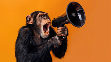 A A chimpanzee with an open mouth holding a megaphone, conceptually speaking out loud on a vibrant orange background.の素材