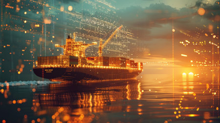 A Container ship in digital interface with data clouds, futuristic logistics, golden light.の素材