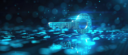 A Digital key silhouette with binary code, cybersecurity concept, neon blue backdrop.の素材