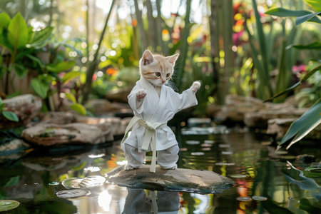 A kitten in a white karate uniform posing in a martial arts stance amidst a tranquil natural setting with water and plants.の素材