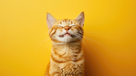 A joyful orange tabby cat laughing heartily, its eyes closed in mirth against a bright yellow background.の素材