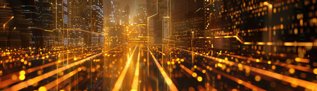A Golden data streams flowing into a cityscape, low light, high tech ambiance.の素材