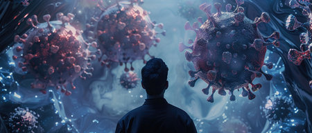 A Man observing large virus model with floating molecules, dark, intricate connections.の素材