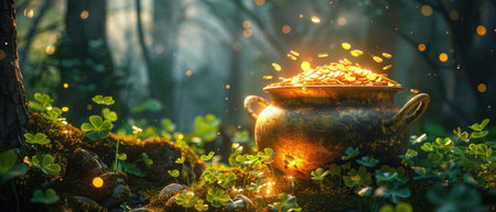 A pot overflowing with gold coins amidst clovers in an enchanted forest, illuminated by the mystical light of a fairy tale setting.の素材