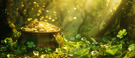 A pot overflowing with gold coins amidst clovers in an enchanted forest, illuminated by the mystical light of a fairy tale setting.の素材