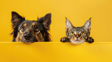 A playful cat and dog peeking over a yellow surface, curiosity and friendship in their eyes.の素材