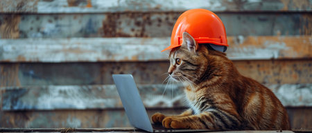 A professional cat in an orange hard hat attentively working on a laptop, portraying a whimsical take on construction management.の素材