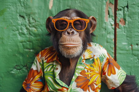A stylish chimpanzee donning orange sunglasses and a vibrant Hawaiian shirt, posing with a cool attitude on a green background.の素材