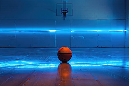 A solitary basketball on a glossy court under a blue neon light, capturing the anticipation of a night game.の素材