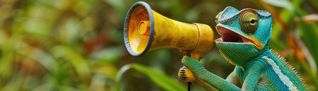 A comical image of a chameleon holding a yellow megaphone, a quirky blend of nature and human elements.の素材