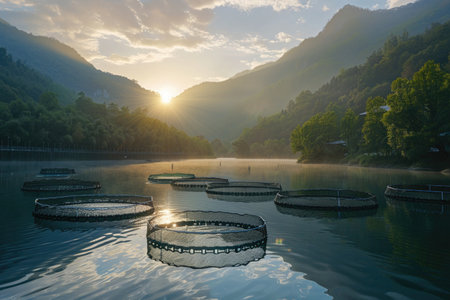A Fish farming operation with circular cages in a tranquil lake, with forested mountains under a sunrise in the background.の素材