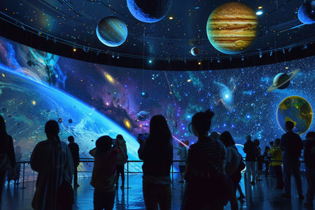 A group of visitors observes a stunning futuristic space exhibition with vivid representations of planets and galaxies overhead.の素材