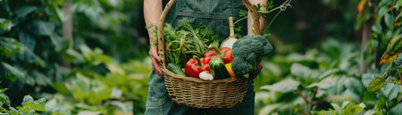 A Farmer carrying a large basket of diverse fresh vegetables in a lush green garden, healthy lifestyle.の素材