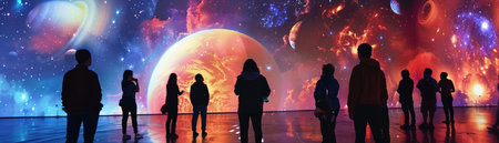 A group of visitors observes a stunning futuristic space exhibition with vivid representations of planets and galaxies overhead.の素材