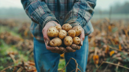A Hands holding a bunch of fresh potatoes with a farm field in the background, harvest time.の素材