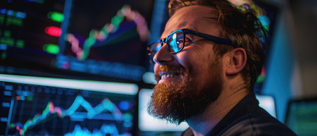 A Joyful bearded trader analyzing glowing stock market graphs on multiple computer screens.の素材