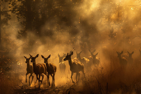 A herd of deer running through smoke on a path to escape a devastating forest fire.の素材