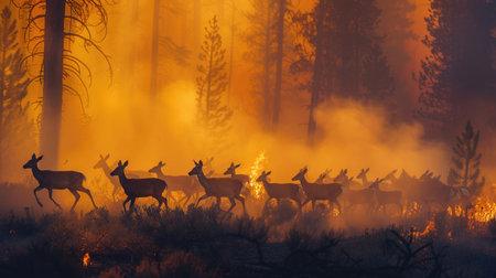 A herd of deer running through smoke on a path to escape a devastating forest fire.の素材