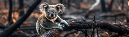 A koala clings to a burnt branch amidst the charred remains of an Australian bushfire.の素材