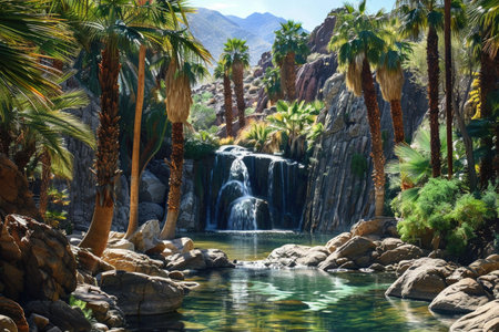 A Serene oasis with lush palm trees and a waterfall nestled between rocky desert canyon walls.の素材