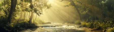 A serene river flows gently through a misty forest, with sunlight filtering through the canopy of trees.の素材