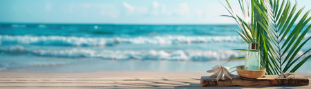 A serene beach setup featuring a wooden board for product display and a palm plant with ocean backdrop.の素材