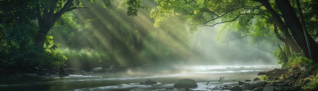 A serene river flows gently through a misty forest, with sunlight filtering through the canopy of trees.の素材