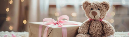A Soft teddy bear with a pink bow beside a wrapped birthday gift with a pink ribbon.の素材