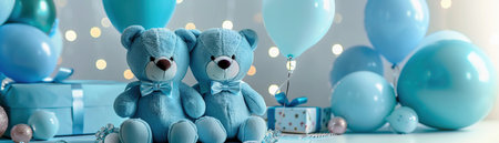 A Two blue teddy bears with birthday balloons and presents creating a celebratory atmosphere.の素材