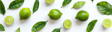 A vibrant flat lay composition of fresh limes and green leaves on a white background.の素材