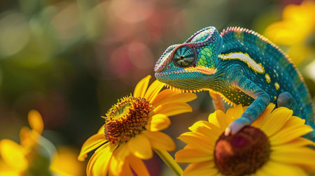 A vividly colored chameleon perched on a bright daisy, displaying its adaptive camouflage in a floral environment.の素材