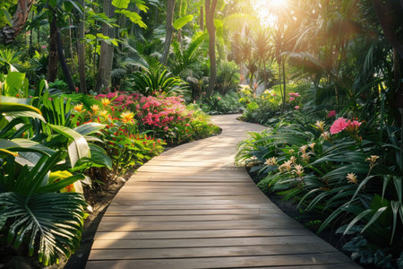 A wooden boardwalk meanders through a lush tropical garden with vibrant flowers and foliage in sunlight.の素材