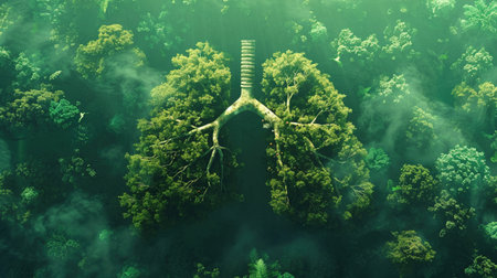 A Creative conceptual art portraying human lungs as a vibrant green forest, symbolizing the connection between human health and the environment.の素材