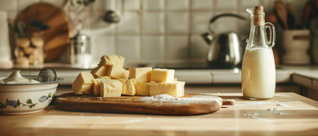 A Freshly cut blocks of butter placed on a wooden board, alongside a bottle of milk and a bowl of cream, ready for a baking session in a homestyle kitchen.の素材