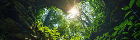A natural heart-shaped opening in the lush green canopy of a forest, with sunlight streaming through, symbolizing love for the environment.の素材