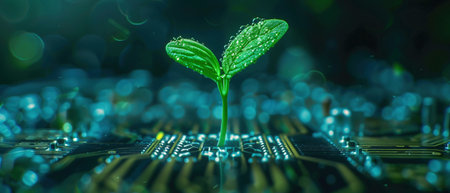 A young green plant sprouts from a circuit board against a dark background, symbolizing the intersection of technology and nature.の素材