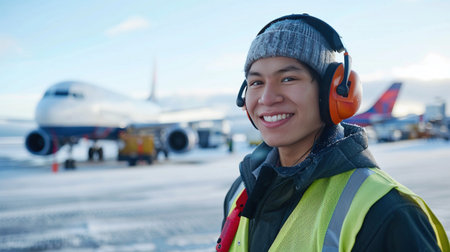 A smiling airport ground crew member with protective earmuffs stands on the tarmac with airplanes in the background.の素材