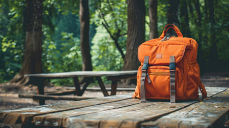 An orange backpack rests on a wooden table in an outdoor setting, suggesting an adventure or school day ahead.の素材
