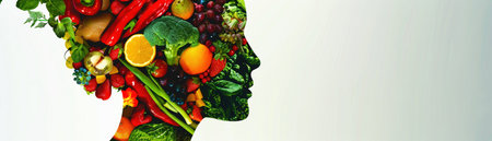 A colorful silhouette of a woman composed of assorted fruits and vegetables, representing a healthy lifestyle and diet.の素材