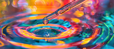 A precise pipette dropping a chemical into a colorful liquid creating concentric circles in a lab experiment.の素材